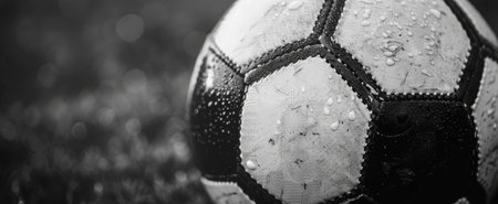 Close-up shot of a traditional black and white soccer ball, focusing on the texture and stitching details, showing grass in the blurred background.の素材