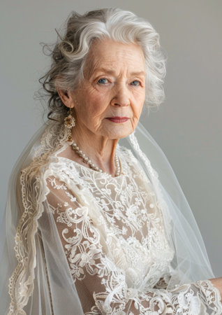 Elderly Bride in Classic White Wedding Gown Against Light Background.の素材