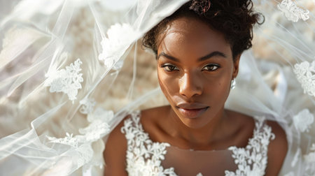 Beautiful African bride in a white wedding gown on a clear background.の素材