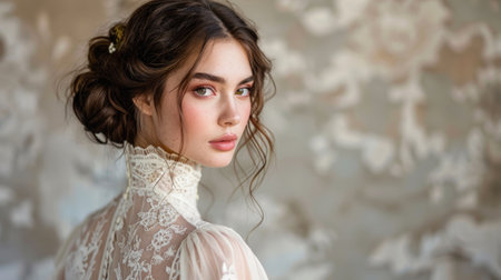 Bride in Classic British Victorian Dress Against a Clear Background.の素材