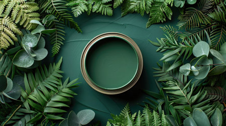Top-down view of an open can of deep forest green paint, surrounded by a variety of lush green leaves and ferns that match the color perfectly.の素材