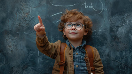 Back to School. Funny little boy in glasses pointing up on blackboard. Child from elementary school with book and bagの素材