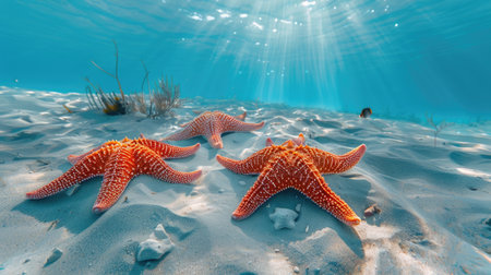 Serene Underwater Landscape with Starfish on Sandy Ocean Floor.の素材