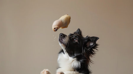 A Border Collie catching a raw chicken thigh in mid-air, photographed against a simple, uncluttered backdropの素材