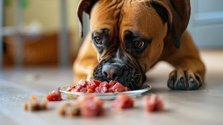 A boxer dog eagerly devouring a mix of raw meat strips, placed directly on a clean, light-colored floor.の素材