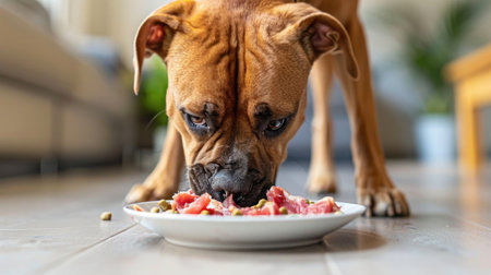 A boxer dog eagerly devouring a mix of raw meat strips, placed directly on a clean, light-colored floor.の素材