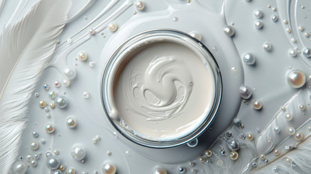 Overhead view of a paint can filled with Arctic White paint, surrounded by white feathers and pearls, emphasizing the purity and clarity of the shade .の素材