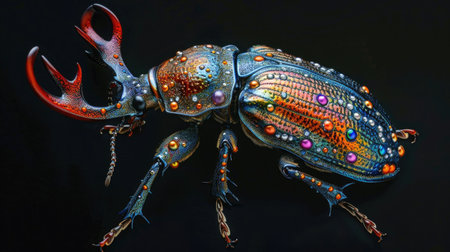 Stag Beetle Encrusted with Shimmering Gemstones Against a Deep Black Background.の素材