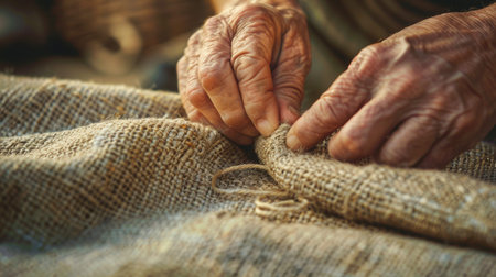 Detailed View of Hand Stitching Hemp Fabric, Emphasizing Sustainable Craftsmanship.の素材