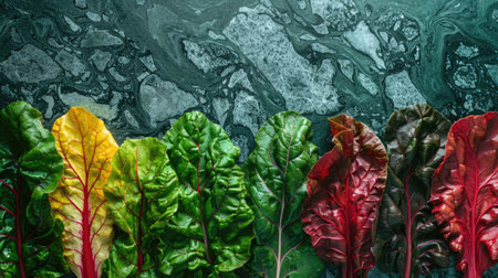 Artistic Composition of Raw Swiss Chard Leaves Fanned Out on Marble Countertop with Dramatic Lighting Highlighting Vibrant Colors and Veined Texture - Oxalate Awareness.の素材