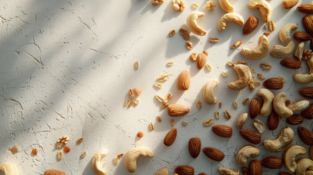 Wide Shot of a Variety of Nuts, Including Almonds and Cashews, Scattered on a Clean White Surface Highlighting Their Shapes and Textures - Oxalate Awareness.の素材