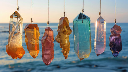 Crystals of Various Shapes and Colors Hanging Against a Serene Ocean Backgroundの素材