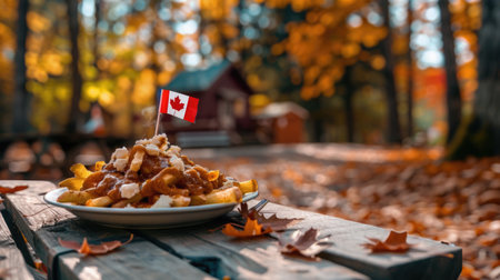 Rustic Wooden Table in Canadian Forest with Poutine Topped with Gravy and Cheese Curds, Small Canadian Flag, Surrounded by Autumn Leaves.の素材