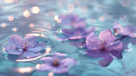Tranquil Lavender Flowers Floating on Sparkling Turquoise Water with Gentle Ripples.の素材