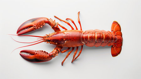 Glossy Lobster on Pristine White Plate Against Pure White Background with Vibrant Red Shell and Detailed Texturesの素材