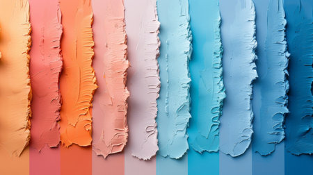 Close-Up of Colorful Paint Strokes in a Gradient Pattern from Warm Red and Orange to Cool Blue and Purple with Thick Textured Layersの素材