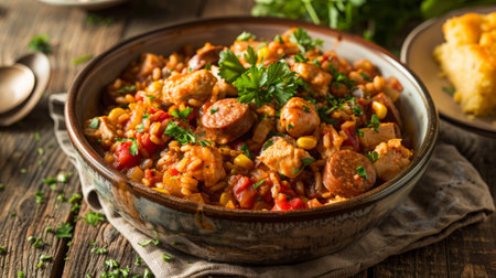 Hearty Chicken and Chicken Sausage Jambalaya with Fresh Parsley for Juneteenth Feastの素材
