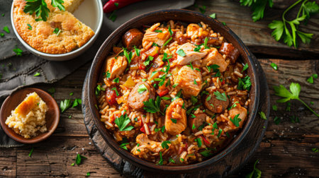 Hearty Chicken and Chicken Sausage Jambalaya with Fresh Parsley for Juneteenth Feastの素材