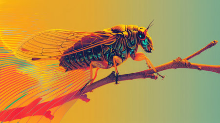 Single cicada on a branch, emitting circular sound waves with musical notes integratedの素材