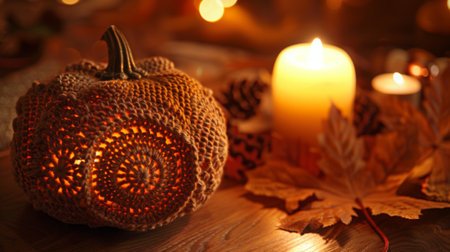 A close-up of a crochet pumpkin with intricate patterns, highlighted by the soft glow of a nearby candlelightの素材