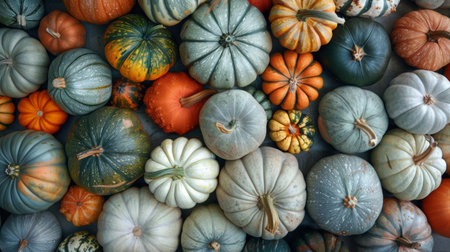 Vibrant and Textured Arrangement of Pumpkins Highlighting Organic and Natural Varieties, Suitable for a Gourmet or Organic Food Settingの素材