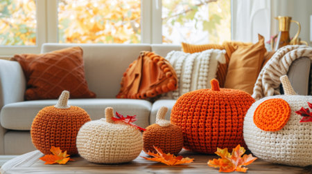 Cozy Living Room Decorated with Handmade Crochet Autumn Decorations, Featuring Colorful Pumpkins and Leaves on a Wooden Table with Soft Natural Lightingの素材