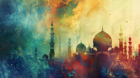 Abstract Islamic Background with a Dynamic Blend of Traditional Mosque Silhouettes and Contemporary Art Elements.の素材