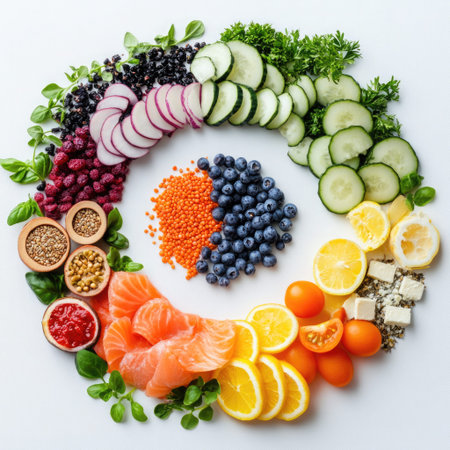Flat Lay of Keto-Friendly Foods Arranged in a Spiral Shape on White Background.の素材