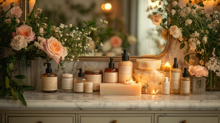 Luxurious Skincare Routine Setup with Beef Tallow Beauty Products on Marble Vanity.の素材