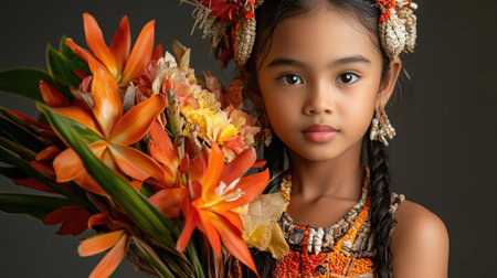 A young girl dressed in a modernized tribal costume for the Kadayawan Festival, blending tradition with urban fashion, confidently holding a bouquet of tropical flowers under studio lighting.の素材