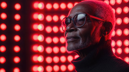 Elderly Dark-Skinned Man in Front of Full-Body Infrared Therapy Panel at Luxurious Wellness Center.の素材