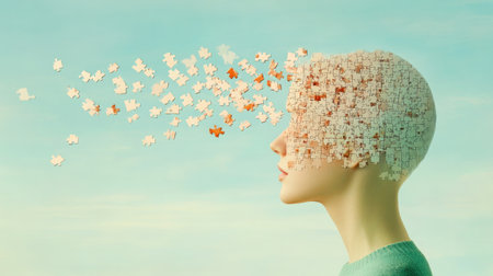 The image depicts a human head with puzzle pieces floating away each piece symbolizing lost contacts or calendar remindersの素材