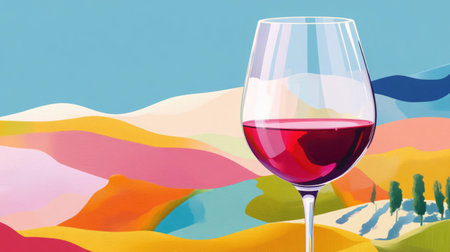 A painterly illustration celebrates Beaujolais Nouveau Day featuring a wine glass with swirling red wine. Set against colorful vineyards it evokes a lively joyful atmosphereの素材