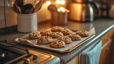 A warm kitchen ambiance highlights a tray of freshly baked cookies cooling evoking a sense of comfort and delightful anticipationの素材