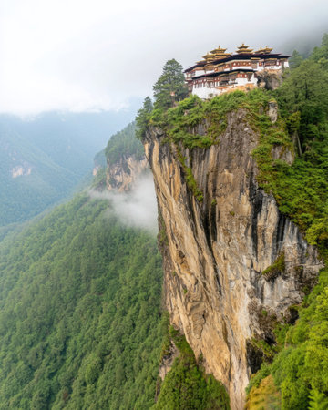 The iconic Tigers Nest Monastery clings to a misty cliff overlooking the lush Bhutanese landscape exuding mysticism and serenityの素材