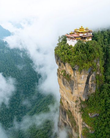 A stunning monastery perched on a sheer cliff enveloped by mist and overlooking lush green forests exuding a serene and mystical atmosphereの素材