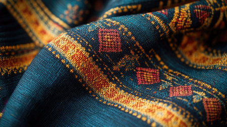 A closeup of traditional Bhutanese fabric showcasing vibrant intricate patterns that capture the cultural essence of Bhutan National Dayの素材