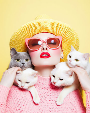 A model strikes a daring pose in vibrant attire surrounded by curious cats against a modern studio backdrop creating a lively and chaotic sceneの素材