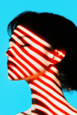 A moody artistic silhouette of a woman with orange light highlighting her contours against a dramatic bluetoorange gradient backgroundの素材