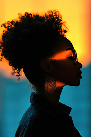 A moody cinematic portrait features a silhouetted female with a soft orange beam highlighting her face against a gradient blue to orange backdropの素材