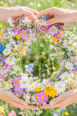 The serene image captures hands gently holding a vibrant flower wreath symbolizing peace and unity on the Day of Reconciliationの素材