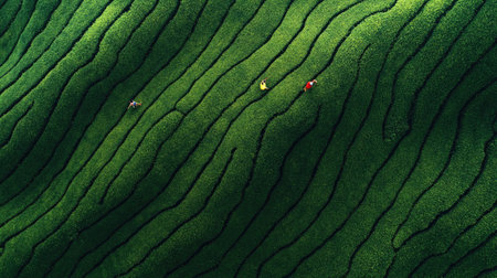 Aerial view of workers harvesting tea in lush vibrant green fields reflecting a tranquil and organized scene celebrating International Tea Dayの素材