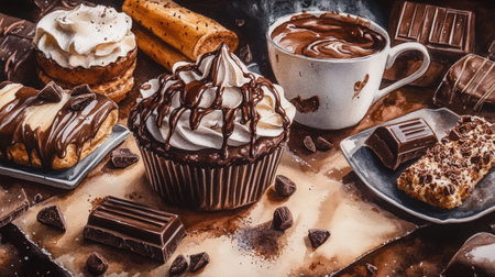 Watercolor illustration of various treats drizzled with chocolate including cupcakes pastries and a cup of hot chocolate celebrating sweet indulgenceの素材