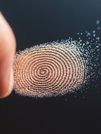 A closeup of a fingerprint being carefully dusted with powder on a dark background creating a mysterious and investigative atmosphereの素材