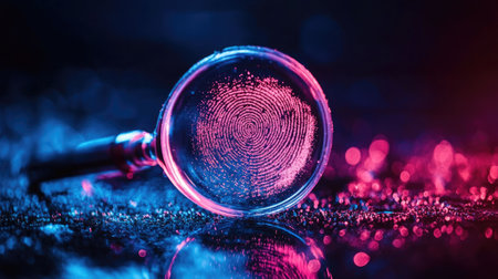 A magnifying glass reveals a detailed fingerprint on a dark surface set in a mysterious atmosphere with vibrant pink and blue lightingの素材