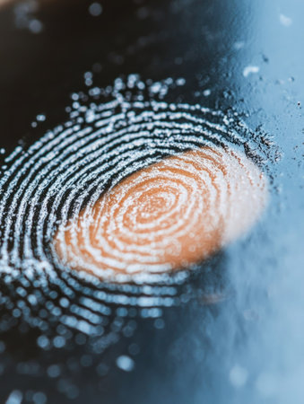 A closeup image of a fingerprint being dusted on a dark surface creating a mysterious atmosphere suitable for National Crime Junkie Day themesの素材