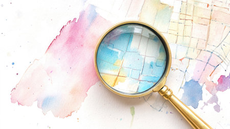 A watercolor illustration featuring a magnifying glass over a colorful map highlighting a scene for National Crime Junkie Dayの素材