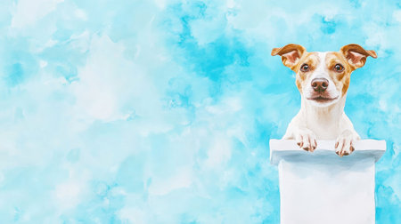 A minimalist watercolor illustration of a dog standing proudly on a podium with National Underdog Day written below against a blue backgroundの素材