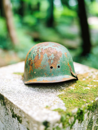 A closeup shot of a vintage army helmet resting atop a mosscovered memorial stone set against a softly blurred natural backgroundの素材