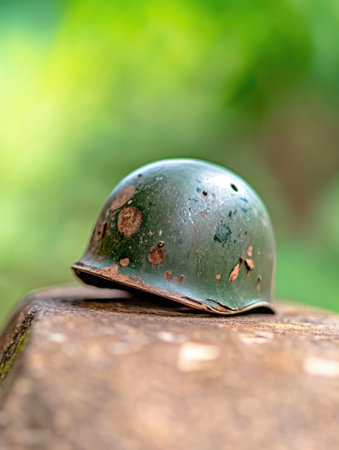 A stylized image of an old army helmet resting on a memorial stone captured with a soft focus to commemorate Vijay Diwasの素材